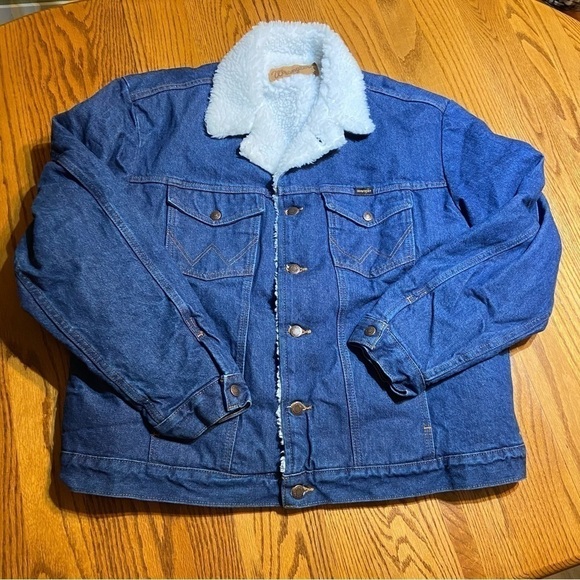 Wrangler Denim Jean Jacket Vintage Sherpa Lined Size Check Measurements - Picture 1 of 4
